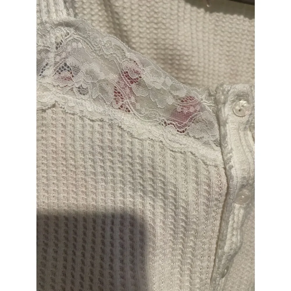 Free People White Lace-Trim Waffle Knit Button Cardigan